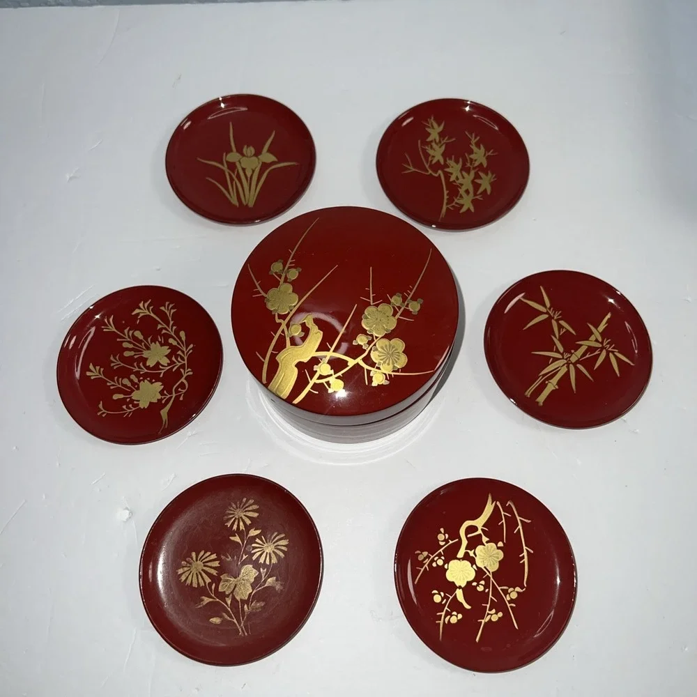 Japanese Lacquer Ware Coaster Set Red Bamboo Motif Box Plus‎ 6 Unique Coasters
